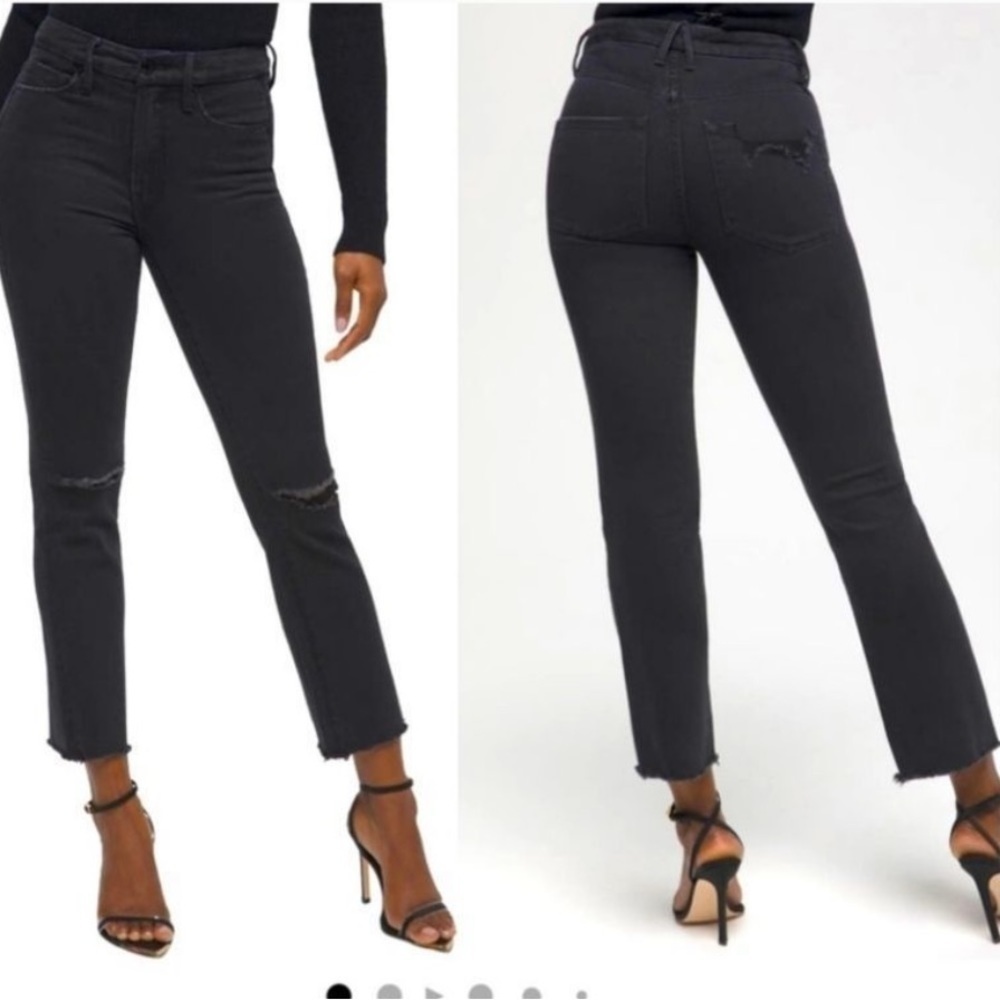 Good American High-Rise Black Distressed Straight Jeans